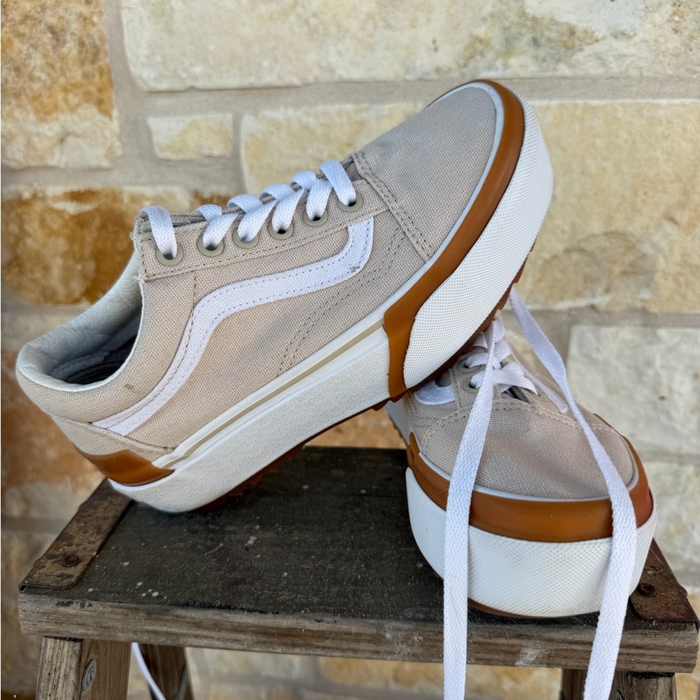 Vans Old Skool Stackform Khaki Tan Gum Sole Platform Sneakers Men 4 / Women 5.5 - Picture 3 of 11